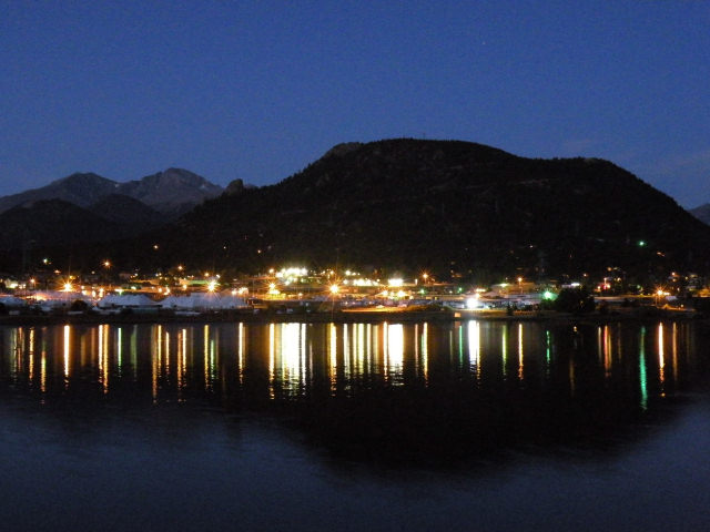 a1a112.jpg - Night view of Festival Tents across Estes Lake